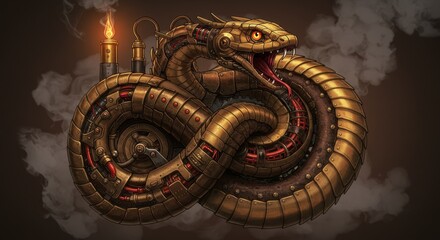 snake artwork | A majestic golden serpent coiled intricately with mechanical elements, surrounded by wisps of smoke and soft light, evoking a sense of fantasy and innovation