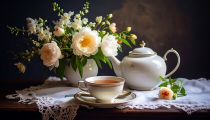 Still life of teacup, teapot, and floral bouquet on a table