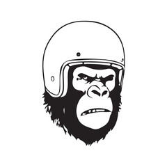 Angry Gorilla in Vintage Motorcycle Helmet - Black and White Illustration