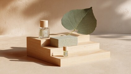 Light-filled display of small bottles and a textured cube on a wooden tiered stand, with a leaf