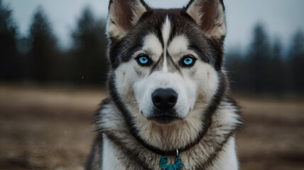 Fototapeta premium A Siberian Husky with piercing blue eyes, standing 
