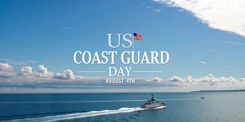 Celebrating us coast guard day with a patriotic scene of a boat on the water under a bright blue sky with clouds and the us flag