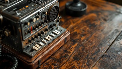 Old-fashioned military communication equipment featuring rotary controls and classic handset, ideal for retro tech themes, historical war scenes, antique collections, and vintage hardware visuals