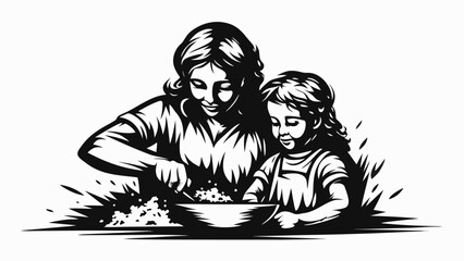 Obraz premium Illustration of a mother and child cooking together with a bowl and food in a monochrome style design silhouette