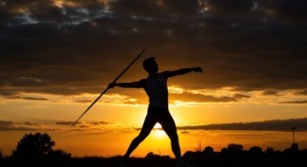 Silhouette of Javelin Thrower at Sunset, Dramatic Sky, Outdoor Sports Event.