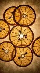 A close up of several dried orange slices with light shining through them on a textured background