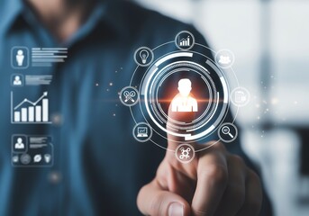 Vector art of man touching a futuristic digital interface with icons