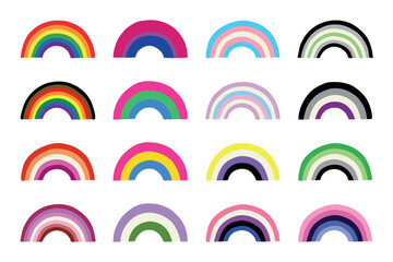Set of colorful LGBTQ+ pride flag rainbows Gender equality and sexual identity pride flags collection LGBTQIA community pride month