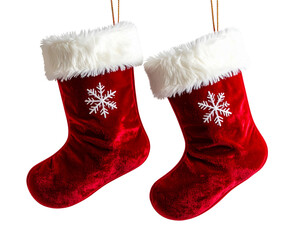 Hanging Santa Boots with Fur Trim and Snowflake Design, Top Hook Suspension, Transparent Background