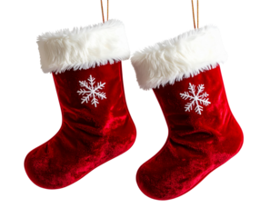 Hanging Santa Boots with Fur Trim and Snowflake Design, Top Hook Suspension, Transparent Background