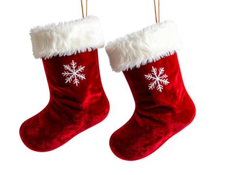 Hanging Santa Boots with Fur Trim and Snowflake Design, Top Hook Suspension, Transparent Background