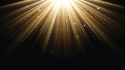 Obraz premium Golden light shines and energy radiating from above on black background. Luxury night style abstract vector. 1920x1080. Business presentation design. Not created with AI tools.