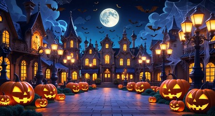 Flat Vector Illustration of a Halloween Town with Haunted Buildings, Bats, Glowing Pumpkin