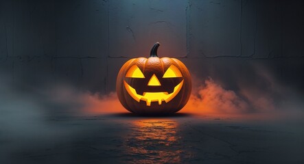 Pumpkin Patch at Midnight with Glowing Carved Faces, Shadows, and Mist Rolling Across the Ground for Spooky Poster or Flyer