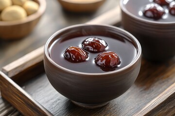 A bowl of red date sweet soup on a wood tray, warm tone. Use for health food blog or Asian dessert recipe illustration.