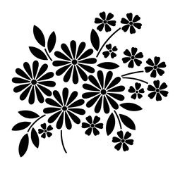 Black floral bouquet with leaves and petals white