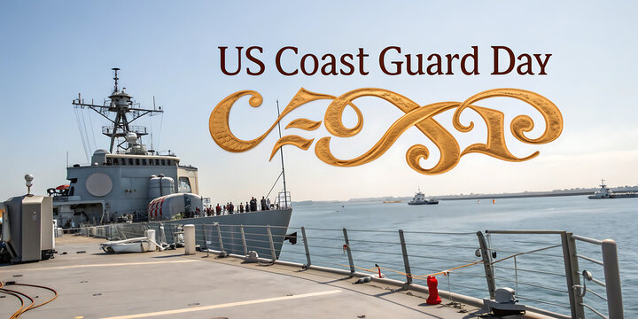 Us coast guard day celebration with a large naval ship docked in a harbor under a clear blue sky with decorative gold lettering
