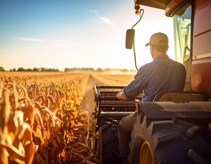 Farmer operating combine harvester in cornfield at sunset