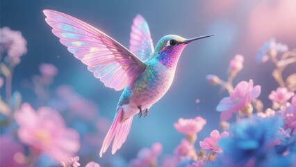 Vibrant Hummingbird in Flight Amongst Colorful Flowers