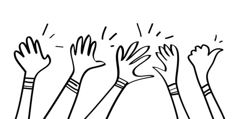Hand drawn of hands clapping ovation. applause, thumbs up gesture on doodle style. vector illustration