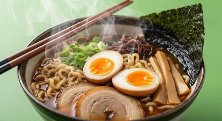 Hot Steaming Japanese Ramen Bowl with Pork Slices, Soft-Boiled Eggs, and Green Onions