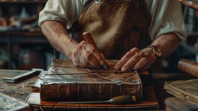 Handmade book binding stitching leather-bound 4K Videos