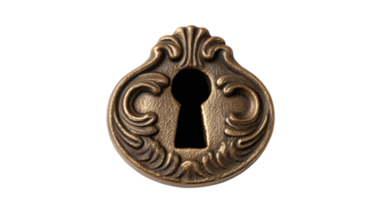 Elegant antique keyhole escutcheon with ornate flourishes isolated on a transparent background