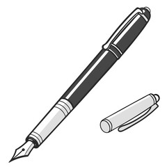 Classic black and white illustration of a fountain pen with its cap detached and placed nearby