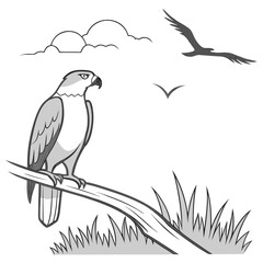 Majestic eagle perched on a branch with birds flying in the sky and clouds above