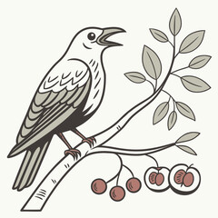 Stylized bird perched on a branch with leaves and cherries in a vintage illustration style