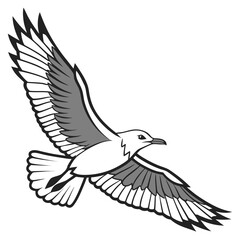 Stylized illustration of a seagull in flight with wings spread wide against a white background