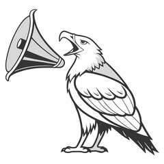 Majestic eagle with open beak holding a megaphone announcing important news