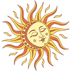 Stylized sun with a serene face and radiating rays in warm yellow and orange tones