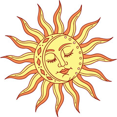Stylized sun and moon face with closed eyes and radiating rays in warm yellow and orange tones