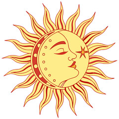 Stylized sun and moon face with closed eyes a star and radiating rays in yellow and red