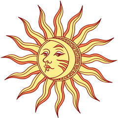 Stylized sun and moon face with wavy rays and celestial symbols in a vintage illustration style