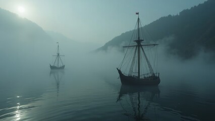 Picture of an ancient ship in the foggy sea area