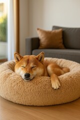 A peaceful Shiba Inu dog sleeps soundly in a cozy, fluffy bed on a wooden floor, highlighting comfort and tranquility in a modern home