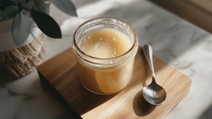 Ghee (clarified butter) in a glass jar with a spoon on the side.
