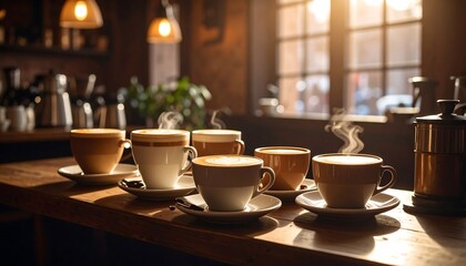 Steaming coffee cups sit on a wooden counter in a cafe, bathed in warm sunlight from a nearby window