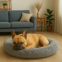 A tranquil French Bulldog sleeps soundly in a cozy grey fluffy bed on a wooden floor, embodying peaceful pet comfort in a modern living room