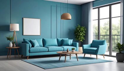 Teal living room with sofa, armchair, and large window