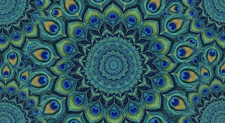 Intricate teal and emerald peacock feather mandala pattern with central circular design and repeating eye motifs
