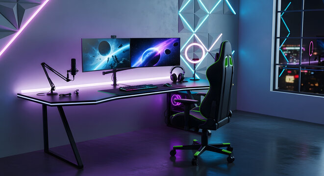 Modern gaming room with vibrant neon lighting, dual monitors, ergonomic chair, and high-tech PC setup for an immersive experience. - Powered by Adobe