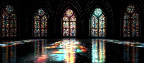 Obraz premium Gothic hall's stained glass reflects on a polished floor; background dark. Use fantasy, spirituality