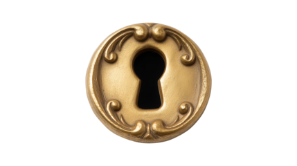 Ornate vintage brass keyhole escutcheon isolated on a transparent background