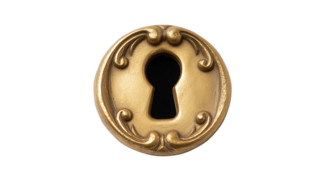 Ornate vintage brass keyhole escutcheon isolated on a transparent background