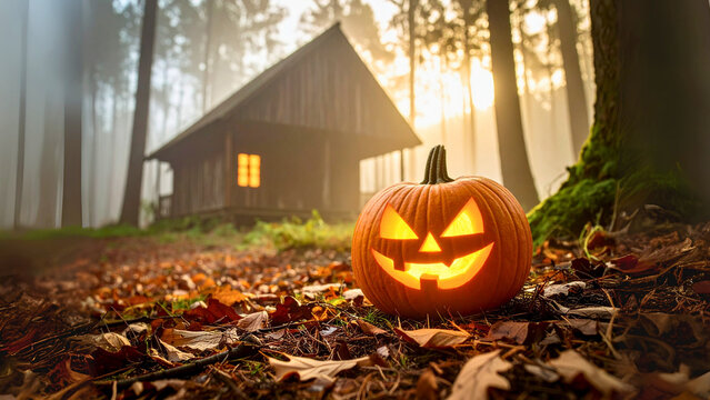 A glowing Halloween pumpkin sits amidst fallen leaves in a misty forest clearing, a cozy log cabin with warmly lit windows visible in the atmospheric distance. - Powered by Adobe