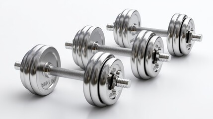 Naklejka premium Iron dumbbells arranged in a line isolated on white background, perfect for fitness or workout product catalog 