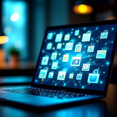 Laptop screen shows a file transfer with many files flying out of the screen. Concept of technology and productivity, as well as the idea of information being shared and transferred.